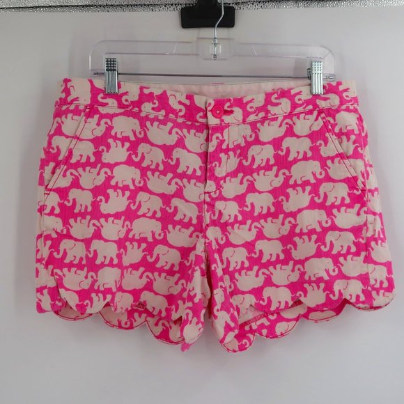 Lilly Pulitzer Pink White Elephant Scalloped Shorts Size 10 - Picture 1 of 9